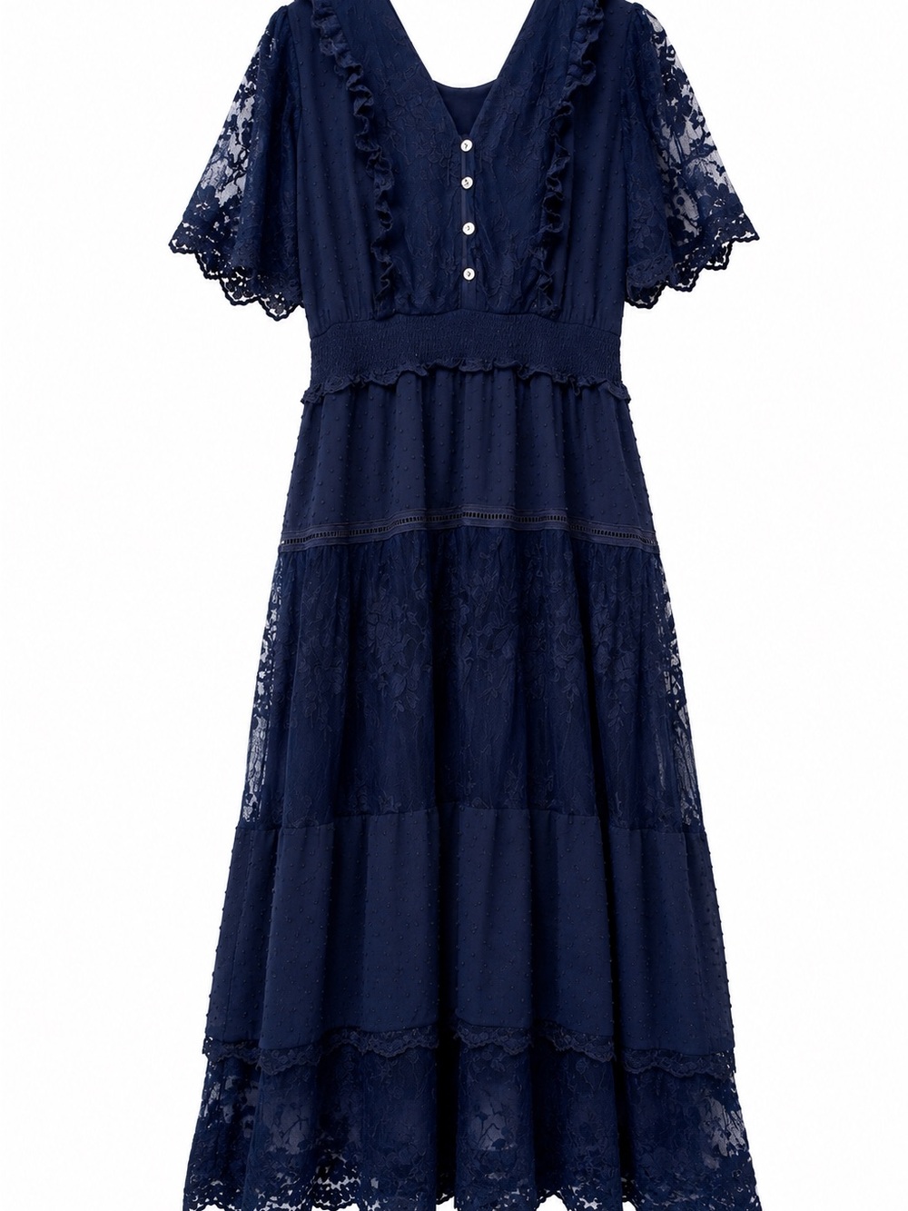 Navy Lace Maxi Dress with Ruffle Trim